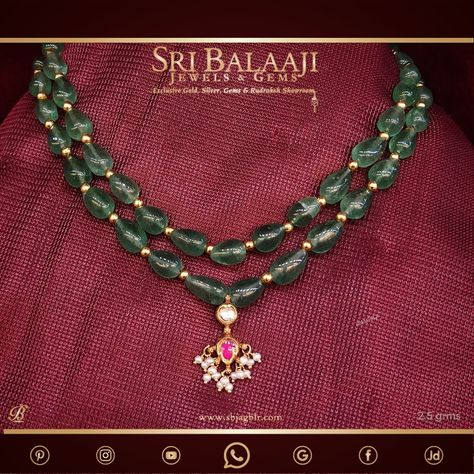 Elegance in Every Gram: Adorn yourself with this exquisite green stone necklace featuring a delicate @2.5 gram pendant . Ruby Jewelry Necklaces Gold, Jewelry Necklaces Gold, Green Beads Necklace, Statement Jewelry Outfit, Lightweight Jewellery, Ruby Necklace Designs, Ruby Jewelry Necklaces, Real Pearl Jewellery, Simple Beaded Necklaces