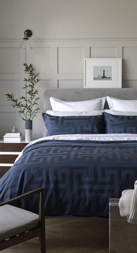 Get inspired by these navy blue bedroom ideas for your master decoration! #navyblue #navy #blue #bedroomdecoration #navybluebedrooms #bluebedrooms #navybedroomdecoration #masterdecoration #decoratingideas #bluerooms #navyrooms #navyblue #navybluedecoration Navy Blue Bedrooms, Blue Comforter, Blue Bedroom Decor, Wall Panels Bedroom, Cosy Bedroom, Dekorasi Kamar Tidur, Design Blogs, Bedroom Panel, Bedroom Color Schemes