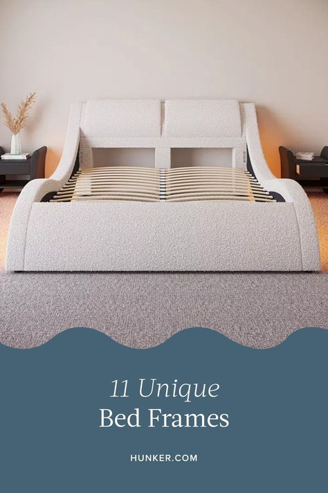 Unique Bed Frame Ideas, Cool Bed Frame, Cool Bed Frames, Unique Bed Frames, Headboard Crafts, Unique Bed, Padded Headboard, Unique Beds, Wood Bed Frame