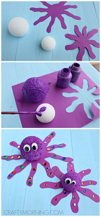 Styrofoam Ball Octopus Craft for Kids (fun for an ocean theme !) | CraftyMorning.com Octopus Craft, Sea Animal Crafts, Octopus Crafts, Vbs Crafts, Ocean Crafts, Animal Crafts For Kids, Daycare Crafts, Styrofoam Ball, Camping Crafts