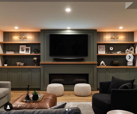 Green Built In Entertainment Center, Built In Decor Ideas, Basement Fireplace Built Ins, Built In Entertainment Center Paint Colors, Built In Basement Entertainment Center, Entertainment Fireplace Center Ideas, Man Cave Entertainment Center, Basement Built In Storage Wall, Basement Cabinets Built Ins