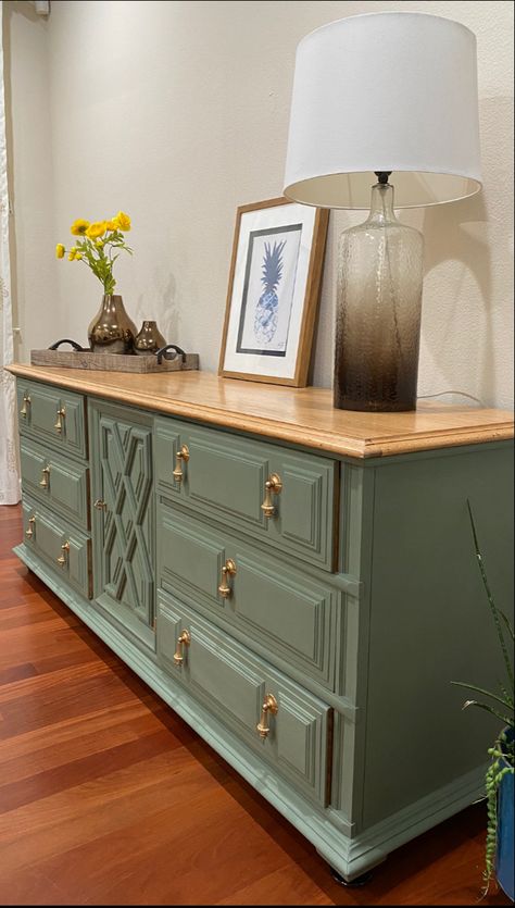 Furniture Makeover Green, Olive Green Buffet Cabinet, Sage Green Buffet Cabinet, Moss Green Furniture, Green Buffet Table, Green Buffet, Green Buffet Cabinet, Refurbished Buffet Cabinet, Remake Furniture