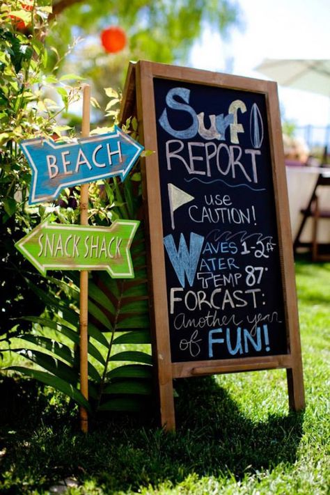 Vintage Surf Birthday Party via Kara's Party Ideas | KarasPartyIdeas.com (38) Surf Party Ideas Decorations, Surf Report Sign, Vintage Beach Party Decor, Surf Theme Centerpieces, Surf Shack Party, Surf Party Decorations, Surf Theme Party, Vintage Beach Party, Surfing Party