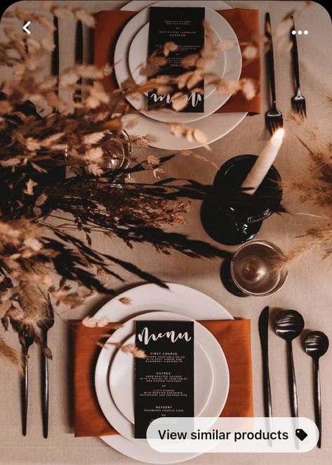 Black Silverware Table Settings Wedding, Black Rust And Gold Wedding, Black White Rust Wedding, Black Gold Burnt Orange Wedding, Black And Rust Table Setting, Black Flatware Table Setting Wedding, Black Orange Wedding Theme, Dehydrated Citrus Wedding Decorations, Modern Boho Wedding Centerpieces