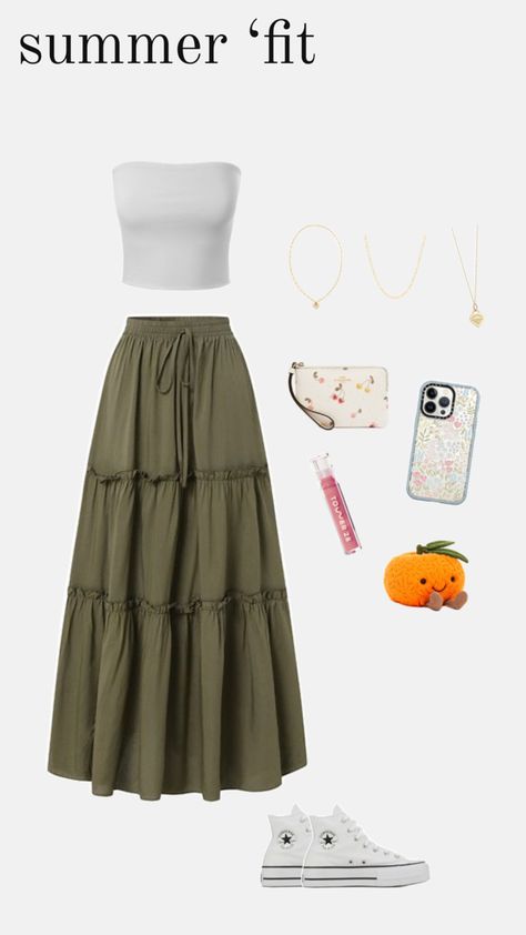 aesthetic summer outfit long float skirt white top green floral cute converse summer outfit inspo aesthetic summer outfit spring accessories cute accessories summer