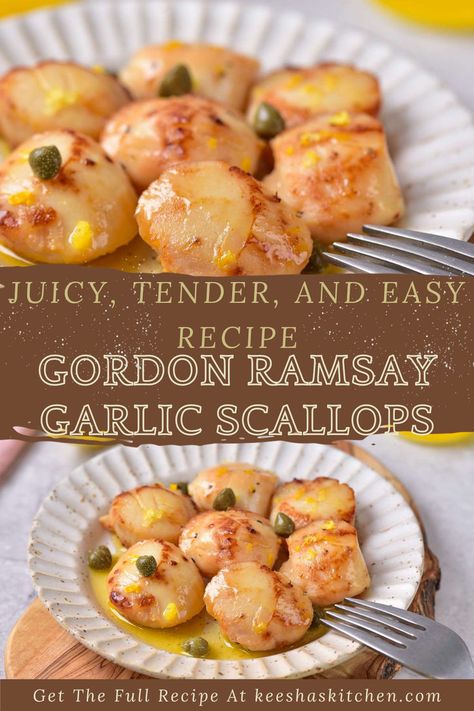 A plate of Gordon Ramsay's Garlic Scallops, perfectly seared and bathed in a luscious garlic-infused buttery sauce, garnished with fresh herbs, showcasing the culinary masterpiece by the renowned chef. Cod And Scallop Recipes, Honey Garlic Scallops, Creamy Garlic Scallops Recipe, Healthy Scallops Recipes, Jumbo Scallops Recipes, Mini Scallops Recipe, Baby Scallops Recipe, Gordon Ramsay Scallop Recipes, Scollops Recipes Easy