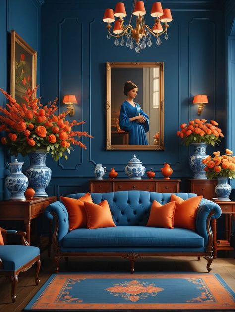 Blue And Orange Living Room, Funky Apartment, Elegant Office Decor, Teal Living Rooms, Black Living, Double Staircase, Orange Rooms, Colour Themes, Orange Cushions