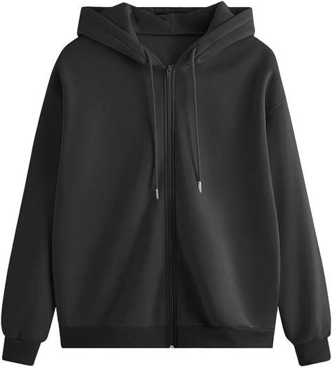 MakeMeChic Women's Zip Up Long Sleeve Drawstring Hoodie Hooded Sweatshirt Black M at Amazon Women’s Clothing store Plain White Sweatshirt, Black Zip Up Hoodie, Zipup Hoodie, Lace Hoodie, Fashion Minimal, Mock Neck Sweatshirt, Band Hoodies, Oversize Casual, Under Armour Hoodie