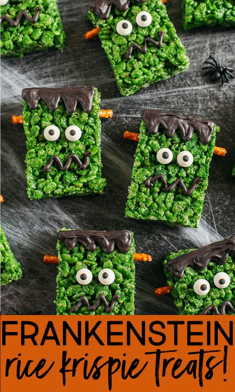 Rice Crispy Halloween Ideas, Rice Crispy Treat Halloween, Frankenstein Rice Crispy Treats, Frankenstein Rice Krispie Treats, Halloween Rice Crispy Treats, Halloween Rice Krispie Treats, Monster Treats, Candy Eyeballs, Spooky Snacks