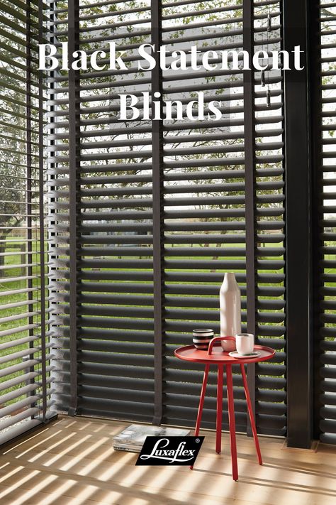 Match your window treatments to your home style and make a statement with black Luxaflex® blinds. View our collection of made to measure window blinds, contemporary blinds, stylish shutters and practical awnings in classic black. Black Blinds For Windows, Black Wood Blinds Living Room, Wood Blinds Living Room, Wood Blinds Black, Black Shutter Blinds For Windows, Black Horizontal Blinds, Black Wooden Blinds, Black Venetian Blinds, Dark Wood Blinds