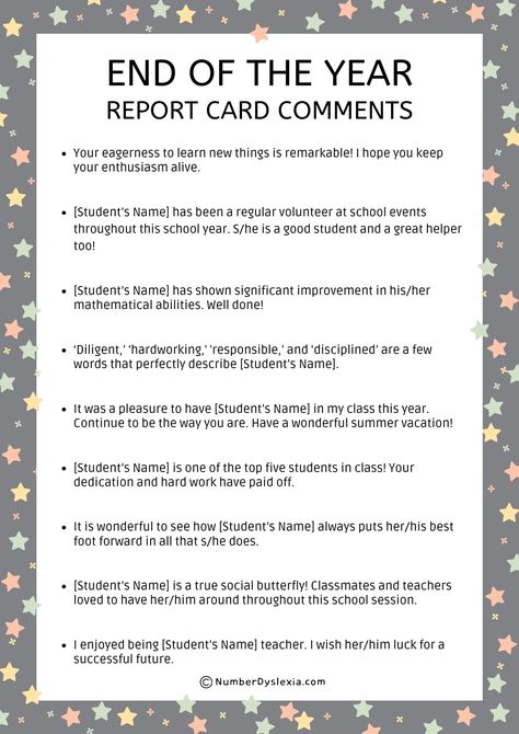 100 End Of The Year Report Card Comments Examples [PDF Included] - Number Dyslexia Remarks For Report Card, Kindergarten Report Cards, Teacher Comments, Preschool Assessment, Waldorf Teaching, Report Comments, Report Card Comments, Report Cards, End Of Year Activities