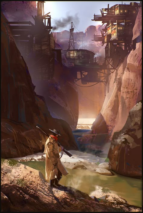 Environment Inspiration, West Art, Space Cowboys, Landscape Concept, Cowboy Art, Fantasy Setting, Fantasy Places, Scene Design, Environment Design