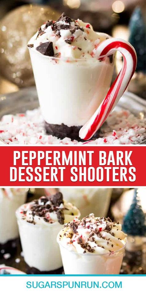 These Peppermint Bark Cheesecake Shooters are made with a no-bake white chocolate peppermint cheesecake piped over a chocolate cookie crust.  Top everything off with crushed candy cane pieces and chocolate flakes for a simple, festive treat! Bark Dessert, Mini Dessert Shooters, Peppermint Bark Cheesecake, Dessert Shooters Recipes, Cheesecake Shooters, Sugar Spun Run, Shooter Recipes, Christmas Shots, Dessert Shooters