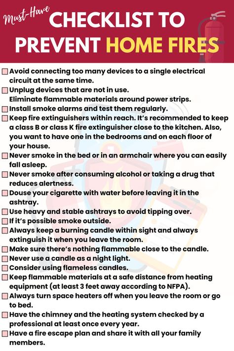 This comprehensive checklist covers all the crucial steps to prevent home fires and keep your loved ones safe. From checking smoke alarms to maintaining electrical systems, this guide is your go-to resource for fire prevention. Don't wait until it's too late - use this checklist to safeguard your home and family from potential fire hazards. Home Safety Checklist, Safety Checklist, Fire Hazard, Fire Prevention, Safety And Security, Home Safety, Home And Family, First Love, Electricity