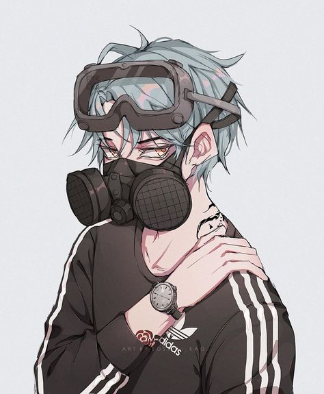 “....” - Nobody knows why he wears a gas mask all the time. He’s not the talkative type. Anime Character With Gas Mask, Gas Maks Drawings, Masked Man Art Anime, Masks Drawings Ideas, Gas Mask Character Design Male, Drawing Mask Faces, Gasmask Reference, Face Mask Design Drawing, Gas Mask Art Drawing