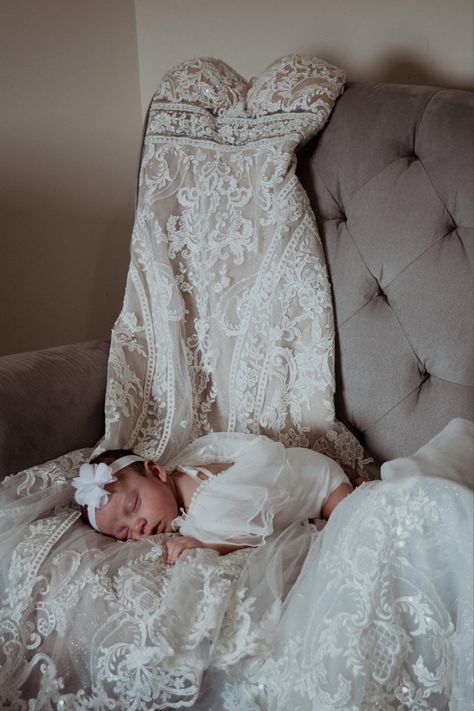 Newborn On Wedding Dress, Newborn And Wedding Dress Photo Ideas, Wedding Dress And Newborn Photo Shoot, Wedding Pictures With Newborn, Newborn Pictures With Wedding Dress, Newborn Photo With Wedding Dress, Newborn Photo Wedding Dress, Newborn Photography With Wedding Dress, Newborn With Wedding Dress