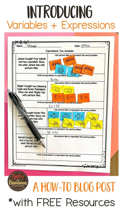 This blog post teaches pre-algebra and algebra teachers how to introduce students to variables and expressions. The blog post includes a free resource with four worksheets and picture tiles to give students a hands-on learning activity. #variablesandexpressions #algebra #prealgebra Hands On Pre-algebra Activities, Algebra Games Middle School, Algebraic Expressions Activities, Algebra Vocabulary, Simplify Math, Translating Algebraic Expressions, Pre Algebra Activities, Writing Algebraic Expressions, Evaluating Algebraic Expressions