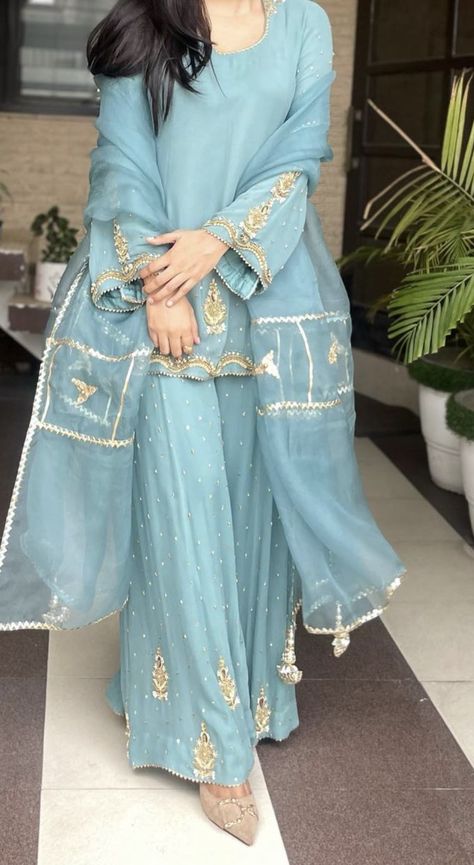 Pakistani Gharara Suits, Dress Design Ideas Pakistani Casual, Embroidery Punjabi Suits Design, Wedding Suit Women Punjabi, Gray Combination Color Clothes, Royal Blue Suits Women Indian, Unique Suits Women, Traditional Punjabi Outfits, Blue Indian Suit