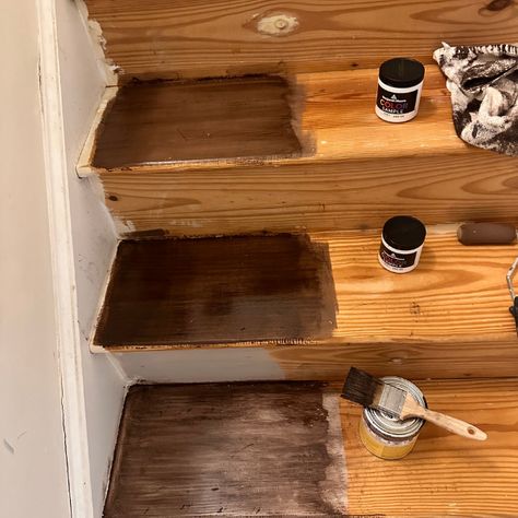 Painting and Staining Pine Stair Treads 2x12 Pine Stair Treads, Painted Stair Tread Ideas, Diy Wood Stair Treads, Pine Stairs Stained, Stain Stairs Diy Staircase Makeover, Stairs Stained Darker Than Floor, Gel Stain Stairs Treads, Wood Stairs Renovation, Staining Pine Stair Treads