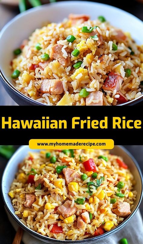 ¡This Hawaiian Fried Rice is a sweet and savory dish made with ham, pineapple, and vegetables. It’s an easy and delicious side or main course. Pineapple Rice Recipes, Hawaiian Side Dishes, Hawaiian Rice, Hawaiian Fried Rice, Pineapple Fried Rice Recipe, Ham Pineapple, Ham Fried Rice, Rice Side Dish Recipes, Pineapple Fried Rice