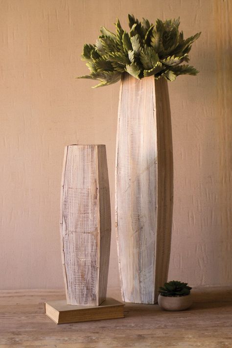 Set of 2 White-Washed Tall Oblong Wooden Vases. These vases are hollow, making them perfect to display our long-stemmed botanica or create an arrangement of your own! Matching pieces sold separately. Fully assembled. Manufacturer: Kalalou. Tall Floor Vase Decor, Tall Vase Decor, Huge Vase, Floor Vase Decor, Unique Bookcase, Wooden Vases, Rustic Bookcase, Bookcase Wall Unit, Entertainment Wall Units