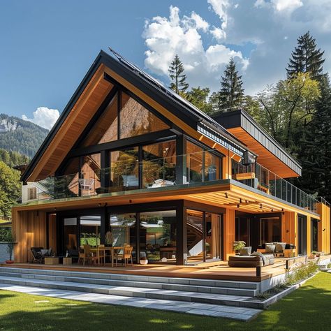 Modern Chalet Architecture, Chalet Style Homes, Mountain Dream Homes, Modern Wooden House, Modern Chalet, Tiny House Village, Riverside House, Chalet Design, Modern Small House Design