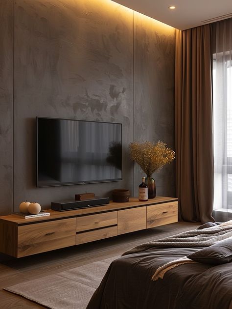 60 Aesthetic Bedroom TV Wall Designs to Create Your Dream Space Bedroom Entertainment Wall, Living Room Media Wall Design Modern, Feature Wall Ideas Tv, Tv Wall Design Bedroom Floating Shelves, Tv Stand Designs Tv Walls, Tv On Bedroom Wall, Tv Wall Background Ideas, Tv Back Wall Design, Tv On Large Wall