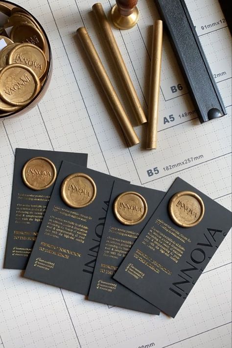 customized gold seals Wax Seal Business Card, Gold Stamping Packaging, Luxury Thank You Card Business, Businesses Cards Ideas, Black Packaging Ideas, Luxury Thank You Card, Luxury Business Card Design Creative, Luxury Business Cards Unique, Creative Thank You Cards