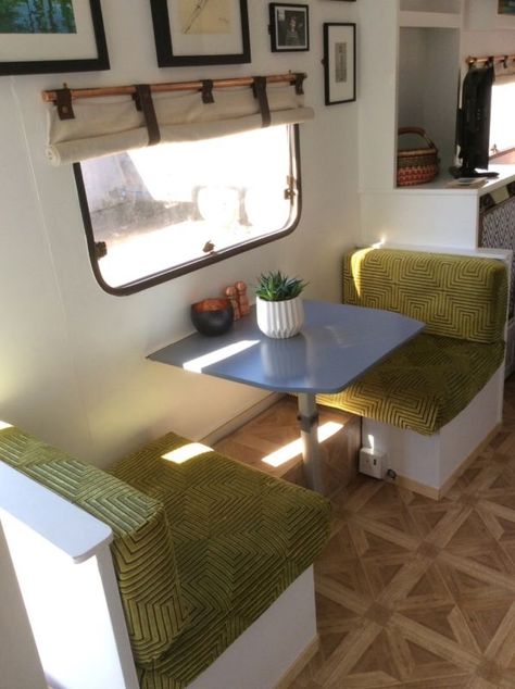 Rustic Caravan Interior, Caravan Bedroom Ideas, Green Caravan Interior, 2 Berth Caravan Makeover, Small Caravan Makeover, Retro Caravan Interiors, Old Caravan Makeover, Small Caravan Interior, Bohemian Camper