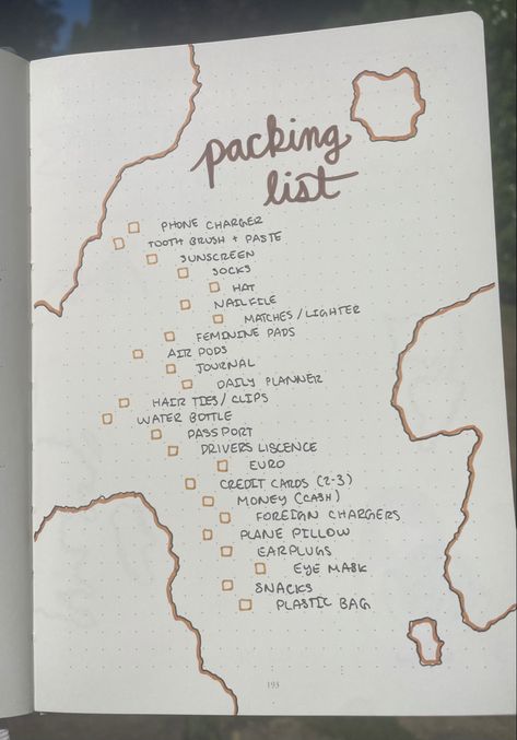 Packing List Bullet Journal, Journal Packing List, Bullet Journal Packing List, Plane Pillow, What To Pack For Vacation, Feminine Pads, Heads Together, Journal Notes, Bullet Journal Notes