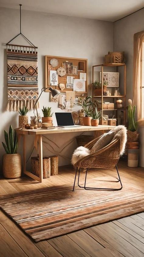 Boho Art Studio, Bohemian Home Office, Feminine Home Office, Library Rooms, Boho Desk, Bohemian Office, Boho Style Room, Hippie Bedroom Decor, Office Boho