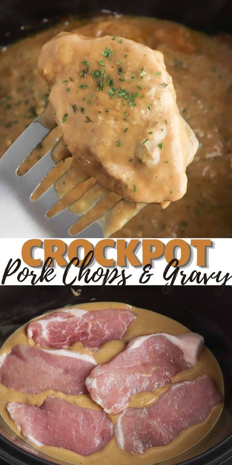 Make dinner stress-free tonight with this simple, yet delicious slow cooker pork chops and gravy recipe. With minimal effort and easy ingredients, you can have a creamy and silky-smooth dish that the whole family will love. Pork Chop And Rice In Crock Pot, Tender Crockpot Pork Chops, Pork Chop Gravy Crockpot, Crockpot Tenderloin And Gravy, Crockpot Smoother Pork Chops, Pork Chop Recipes In Crockpot Easy, Pork Chops And Gravy In The Crock Pot, Creamy Pork Chop Recipes Crockpot, Crock Pot Smothered Pork Chops Easy