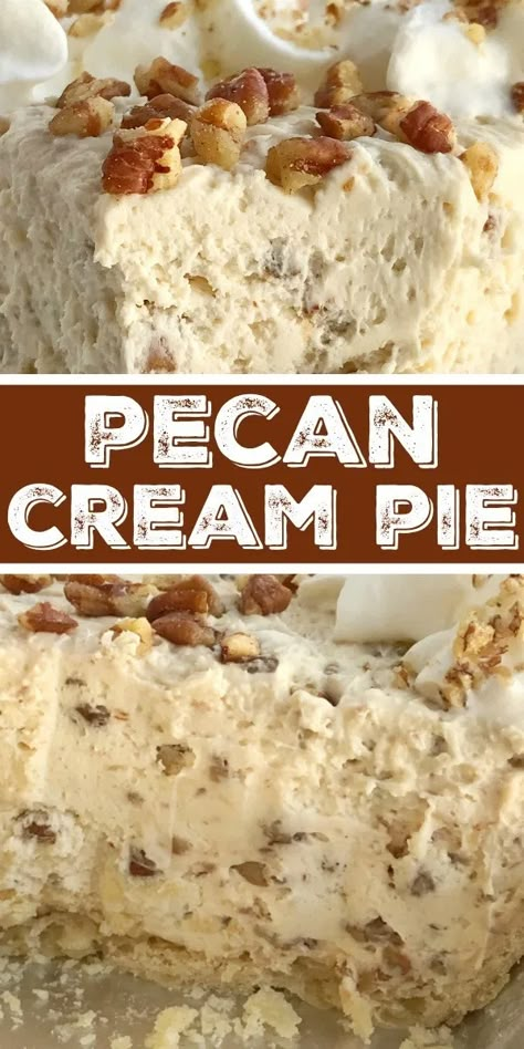 Pecan Cream Pie | Pecan Pie Recipe | Pecan pie just like the original but in a creamy, light, and fluffy pecan cream pie. Pie crust filled with a thick & creamy pecan mixture. This whipped cream pie is a delicious Fall twist to traditional cream pie and makes for an excellent Thanksgiving dessert. #thanksgivingrecipe #pie #pecanpie #nobake #dessertrecipe #recipeoftheday Pecan Cream Pie, Whipped Cream Pie, Easy Cream Pie, Pie Pecan, Pecan Desserts, Pie Pie, Thanksgiving Desserts Easy, Cream Pies, Easy Pie Recipes