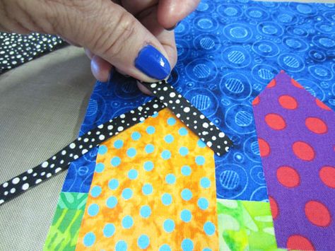 How to Make a Whimsy House Art Quilt - WeAllSew Scrappy Mini Quilts, Scrappy House Quilts, Scrappy Applique Quilt, House Quilts Patterns, Wonky Houses Quilt Patterns Free, Beginner Art Quilt, Quilts With Houses On Them, Quilted Houses Pattern, House Block Quilt Patterns