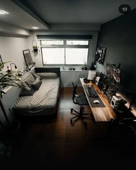 Small Room Setup, Guest Room Office Combo, Mens Bedroom Decor, Home Studio Setup, Guest Room Office, Apartment Bedroom Decor, Bedroom Setup, Room Redesign, Dekorasi Kamar Tidur