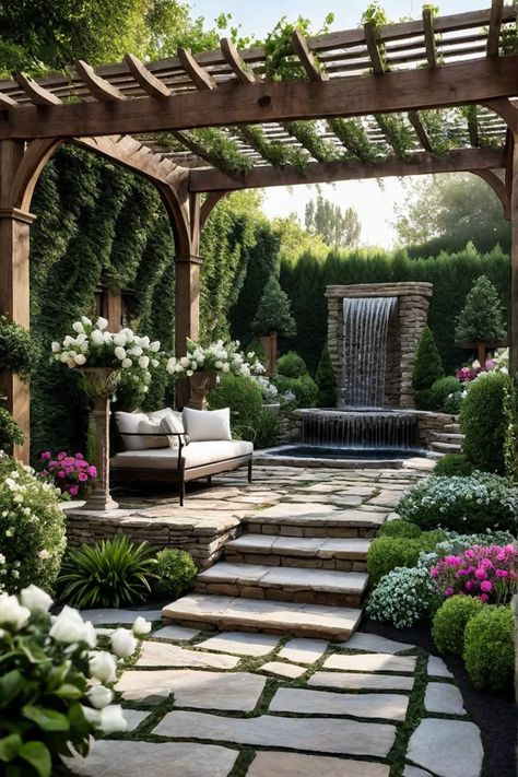 Backyard escape with fountain and reading nook Uneven Backyard Ideas, Hardscaping Ideas, Outdoor Fire Pit Area, Sunken Patio, Outdoor Wall Fountains, Backyard Escape, Patio Fountain, Yard Remodel, Outdoor Fireplace Patio