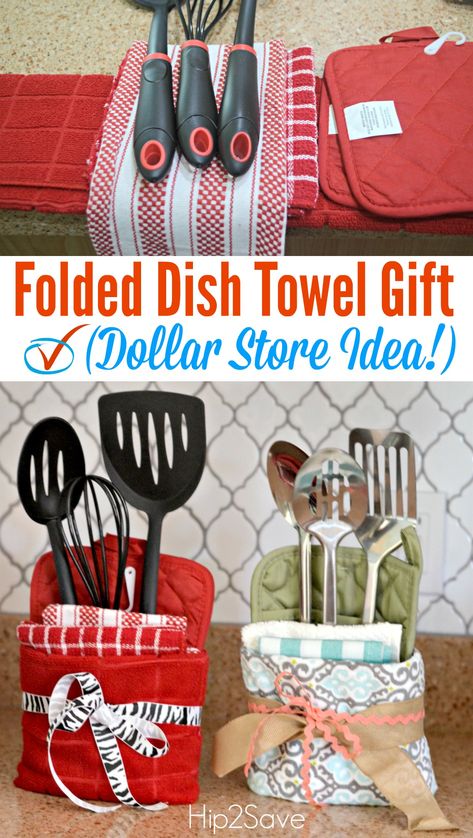 Easy Dollar Tree Gift Idea (Great for Housewarming, Wedding Shower, and Mother’s Day) – Hip2Save Store Towels, Dollar Tree Gifts, Towel Cakes, Diy Gift Baskets, Wedding Shower Gifts, Cadeau Diy, Homemade Christmas Gifts, Tree Gift, Holiday Diy