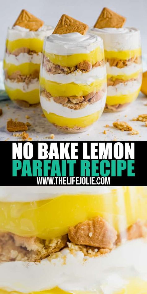 If you're looking for a quick and easy no-bake dessert, look no further! This Lemon Parfait Dessert will be your new go-to sweet treat! Lemon Parfait Cups, Easy Dessert Parfait, Lemon Pudding Dessert Cups, Pudding Parfait Desserts, Quick And Easy No Bake Desserts, Quick Lemon Desserts, No Bake Lemon Desserts, Banquet Desserts, Lemon Pudding Dessert