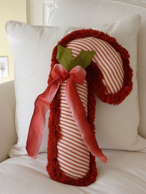 Candy Cane Pillow Pattern, Candy Cane Pillow Crochet, Crochet Candy Cane Pillow, Candy Cane Pillows, Candy Cane Pillow, Peppermint Pillow, Diy Candy, Red Pillows, Seasonal Crafts