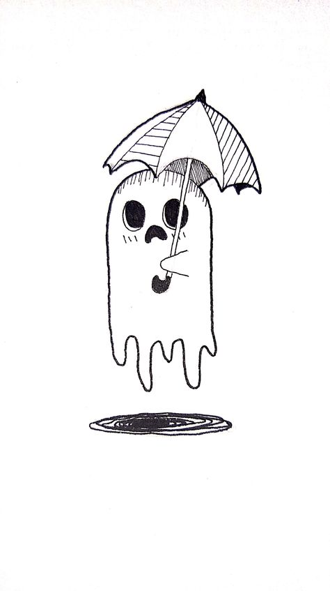 A black and white illustration of a ghost with an umbrella Ghost With Umbrella, Rain Tattoo, Umbrella Tattoo, Drawing Space, Ghost Drawing, Ghost Tattoo, Midlife Crisis, Pen Drawings, White Illustration