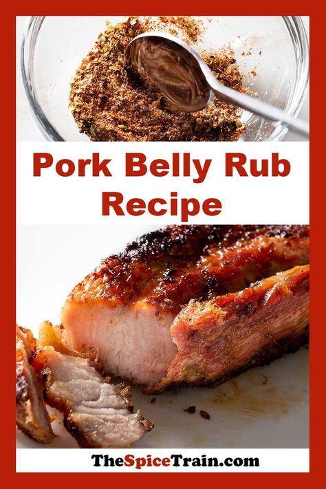 Dry rub being stirred in a bowl and partially sliced roasted pork belly. Pork Belly Rub Recipe, Pork Belly Rub, Pork Belly Slices, Raw Pork, Paprika Pepper, Honey Chipotle, Pork Belly Recipes, Paprika Pork, Crispy Pork Belly