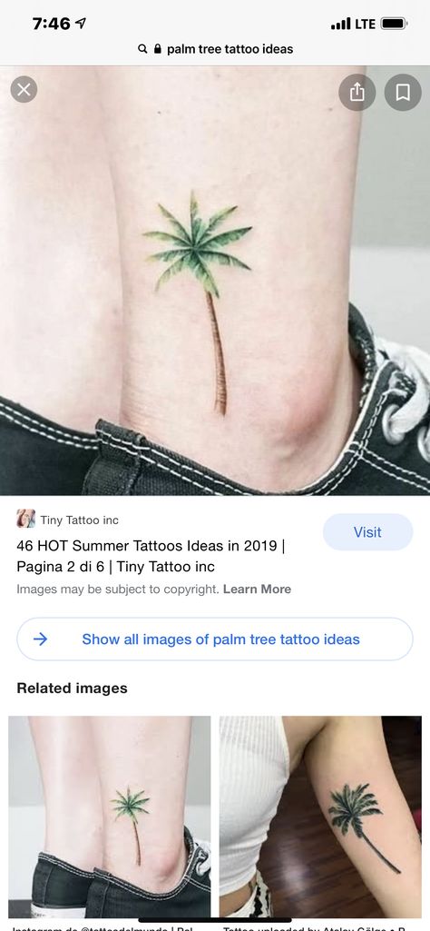 Watercolor Palm Tree Tattoo, Tree Tattoo Color, Palm Tattoos, Summer Tattoo, Palm Tree Tattoo, Palm Fronds, Tree Tattoo, Tiny Tattoos, Color Tattoo