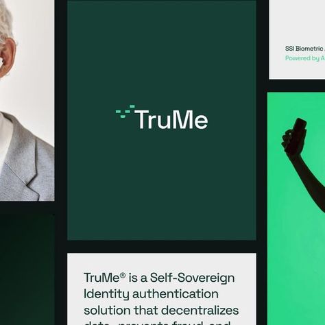 Logo, branding & Design Inspo on Instagram: "@mubienbrands TruMe is a Self-Sovereign Identity authentication solution that decentralizes data, prevents fraud, and simplifies digital access. Individuals can take control of their identity and no longer have to rely on centralized authorities to verify their identity and attributes. TruMe eliminates the need for passwords, providing users with an exceptional user experience. We distilled TruMe's essence into a distinctive symbol, embodying the decentralization of data through separated blocks, simplified facial biometric recognition, and identity verification represented by the universal checkmark. Our design system strategically utilizes these symbolic elements to construct a grid, leveraging blur to selectively reveal information, align Logos, Data Branding Design, Data Branding, Tech Symbols, Checkmark Logo, Green Brand Identity, Logo System, Logo Grid, Security Design