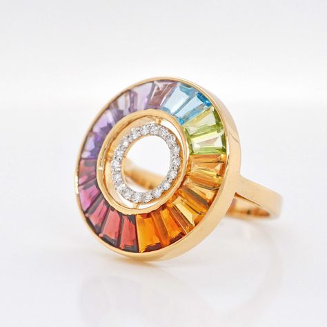 18K Gold Rainbow Gemstone Diamond Circle Ring – Vaibhav Dhadda Jewelry Baguette, Channel Set Diamond Ring, Rainbow Gemstones, Circle Diamond, Circle Ring, Channel Set, Baguette Cut, Blue Topaz, Citrine