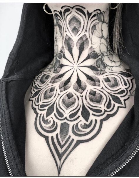 Geometric Throat Tattoo, Neck Tattoos For Women, Chest Neck Tattoo, Full Neck Tattoos, Tattoo Dotwork, Throat Tattoo, Neck Tattoos Women, Back Of Neck Tattoo, Chest Tattoos For Women