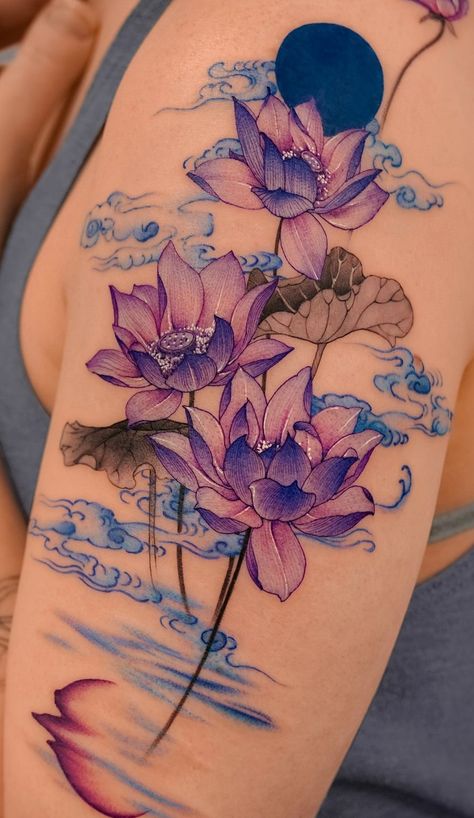 Red And Purple Tattoo, Purple And Black Tattoo, Orchid Forearm Tattoo, Japanese Colour Tattoo, Lotos Flowers Tattoo, Rare Flower Tattoo, Lotus Shoulder Tattoos For Women, Colored Sleeve Tattoo, Lotus Flower Tattoo Color