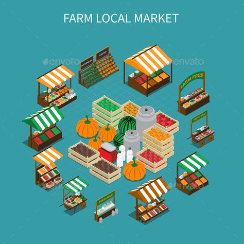 Farm local market isometric composition with images of stall tents and boxes filled with vegetables vector illustration Map Diagram, Isometric Art, Isometric Illustration, Ceramic Shop, Local Market, New Year Greeting Cards, Cartoon Background, New Year Greetings, Flat Vector