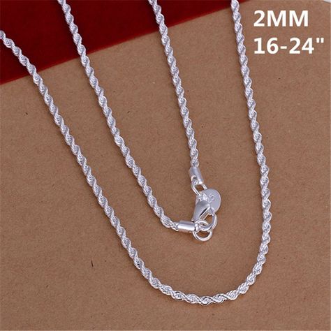 New Hot necklace silver plated women lady party chain jewelry 2MM shiny Twisted Rope Necklace Fashion trends Jewelry Gifts Necklaces 925, Chain Necklace Women, Men Jewellery, Silver Necklaces Women, Silver Jewelry Necklace, Model Shop, Unisex Necklace, Sterling Silver Chain Necklace, Long Chain Necklace