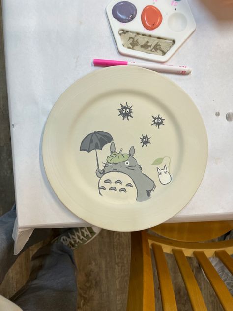 My Neighbor Totoro Pottery Painting, Pottery Painting Ideas Totoro, Studio Ghibli Pottery Ideas, Color Me Mine Studio Ghibli, Retro Pottery Painting Ideas, Pottery Animal Crossing, Painting On A Plate Ideas, Koi Pottery Painting, As You Wish Pottery Painting Ideas