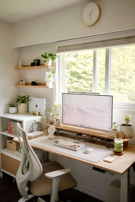 Plants Desk Setup, Art Desk In Living Room, Couples Study Room, Desks With Shelves Above, Small Zen Office Ideas, Maple Desk Setup, Minimal Desk Aesthetic, Boho Bedroom With Desk, Working From Home Desk